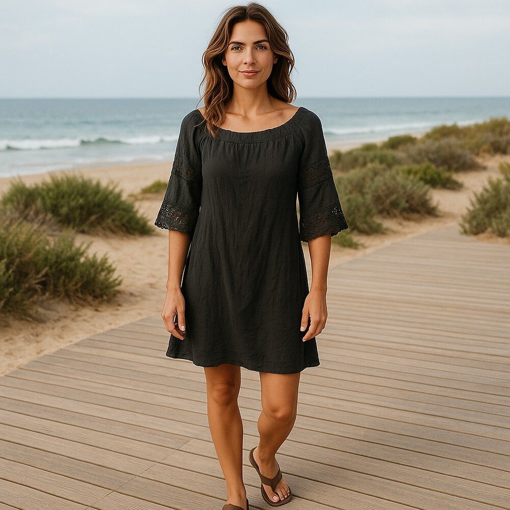 Milan Kiss Black Off Shoulder Dress XL Boho Bell Sleeve Crinkle Viscose Lace Tri